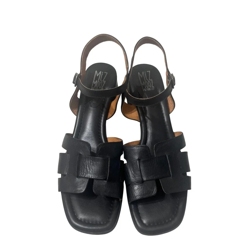 Miz Mooz Oakley Sandals Womens 10 Black Excellent Leather H-Strap Block Heel